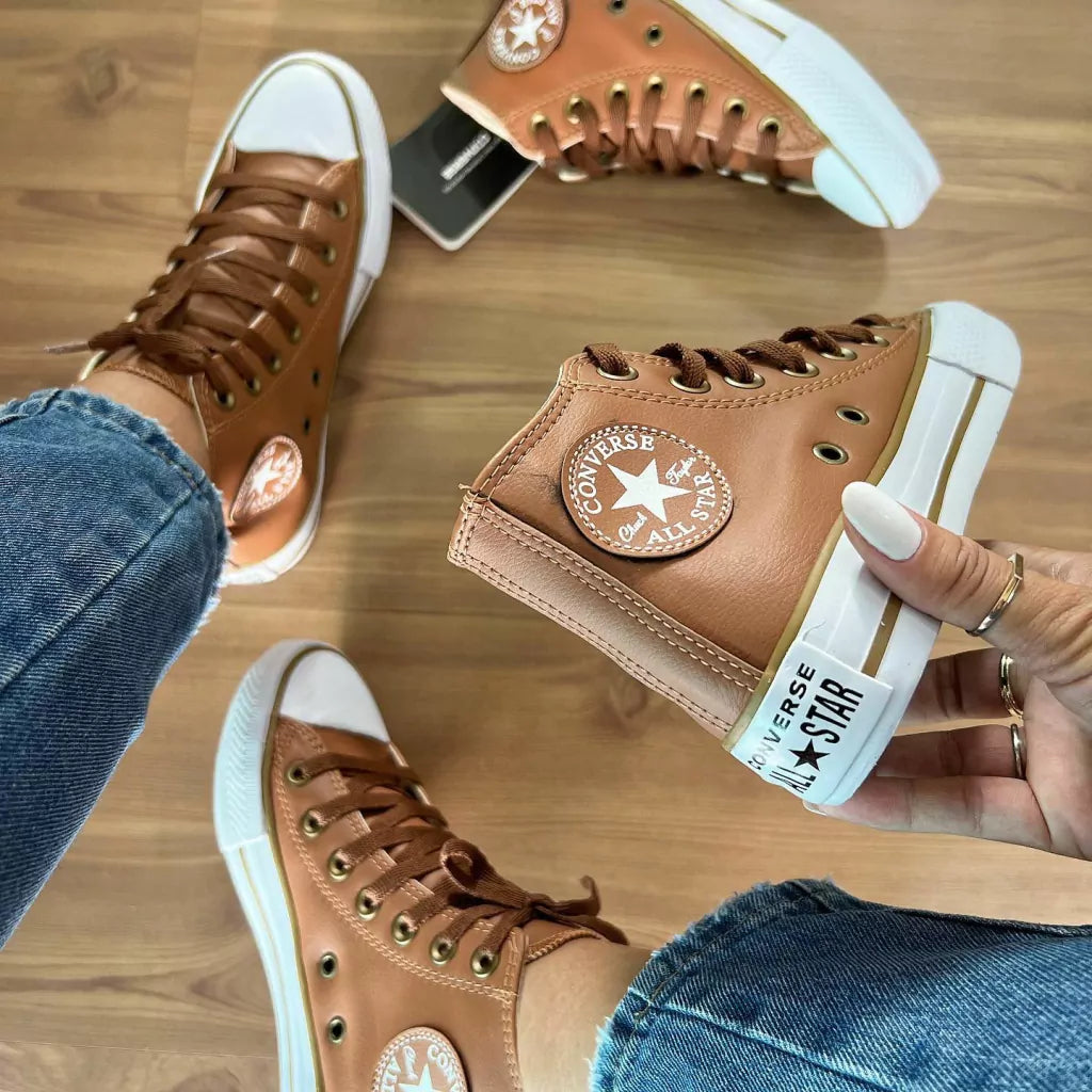 Tênis All Star Cano Alto Courino Caramelo Feminino Premium