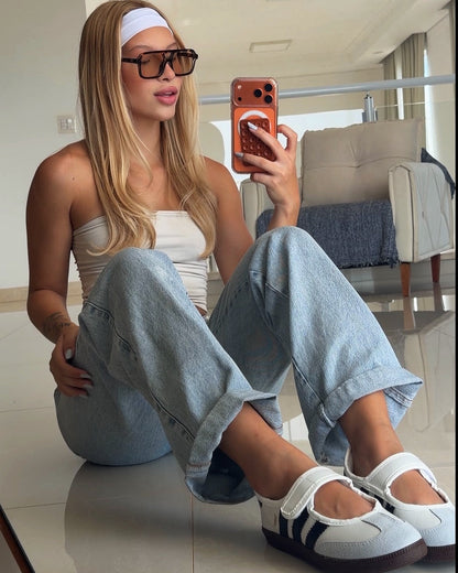 Sapatilha Adidas Samba Mary Jane Flat Branco e Preto Premium